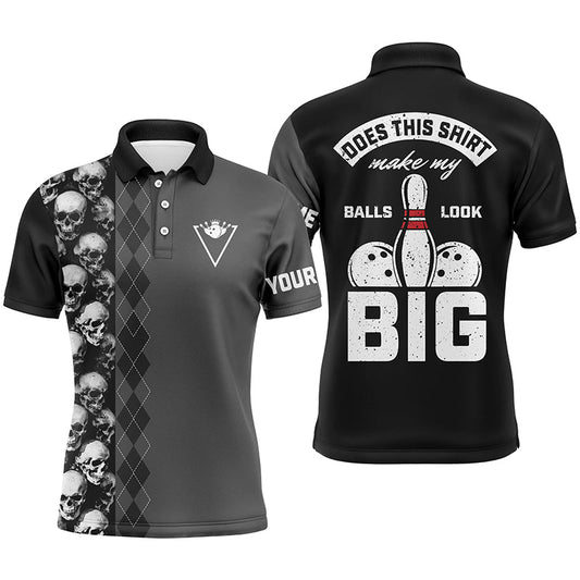 Lustige schwarze Schädel-Bowling-Poloshirts für Männer, personalisierter Name: Does this shirt make my balls look big NQS4666