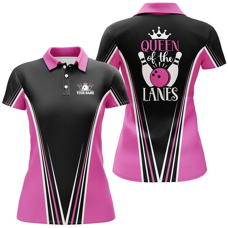 "Queen of the Lanes" Kurzarm-Poloshirts für Damen, personalisiertes Geschenk für Bowling-Spielerinnen | Pink NQS5211