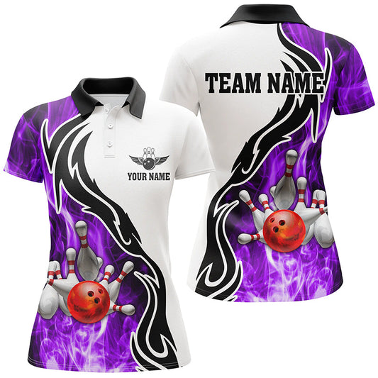 Damen-Bowling-Poloshirt – Individuelle Bowlingkugel & Pins, „Strike“-Team-Liga-Trikot, Bowling-Geschenke | Lila NQS6344