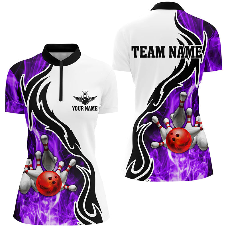 Damen-Bowling-Quarter-Zip-Shirt – Individuelle Bowlingkugel & Pins, „Strike“-Team-Liga-Trikot, Bowling-Geschenk | Lila NQS6344