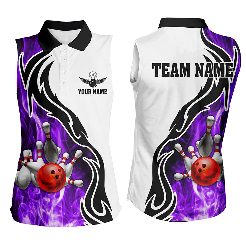 Damen-Ärmelloses Bowling-Poloshirt – Individuelle Bowlingkugel & Pins, „Strike“-Team-Liga-Trikot, Bowling-Geschenke | Lila NQS6344