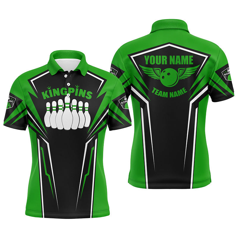 Bowlinghemden für Männer, personalisierter Name und Teamname, King Pins Bowling-Trikots, Bowling-Teamhemden | Grün NQS4522