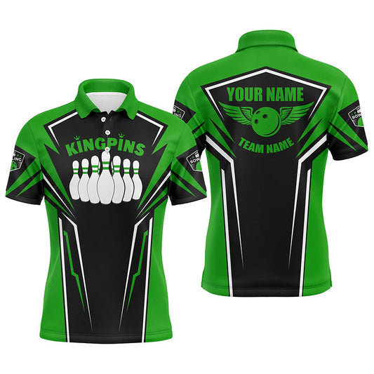 Bowlinghemden für Männer, personalisierter Name und Teamname, King Pins Bowling-Trikots, Bowling-Teamhemden | Grün NQS4522