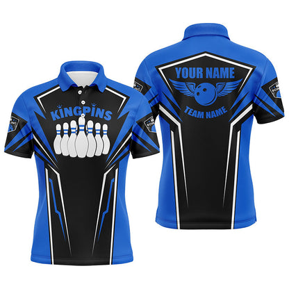 Bowlinghemden für Männer, personalisierter Name und Teamname, King Pins Bowling-Trikots, Bowling-Teamhemden | Blau NQS4522