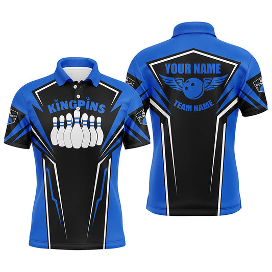 Bowlinghemden für Männer, personalisierter Name und Teamname, King Pins Bowling-Trikots, Bowling-Teamhemden | Blau NQS4522