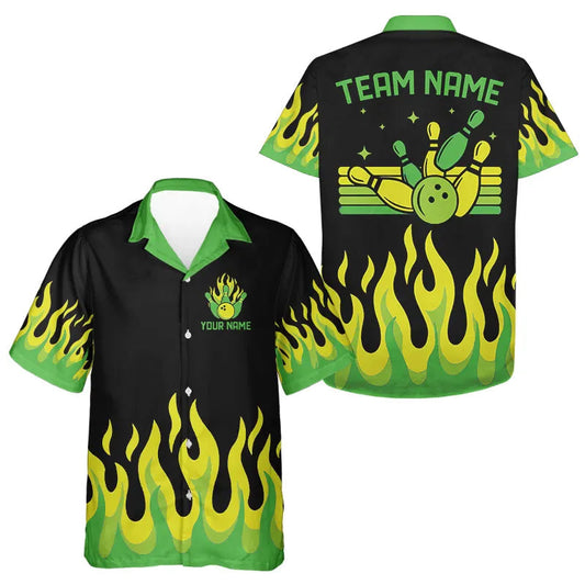 Schwarz-Grün Flammen Retro-Bowling-Hawaiihemd – Maßgeschneiderte Team-Bowling-Knopfhemden NQS9156