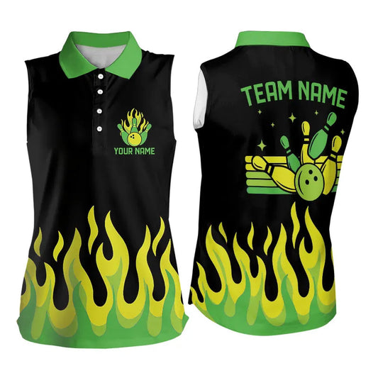 Schwarz-Grün Flammen Retro-Bowling Ärmelloses Poloshirt – Maßgeschneiderte Bowling-Team-Trikots NQS9156