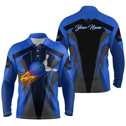 Personalisierte Herren-Bowling-Poloshirts, Flammen-Bowlingkugel und Pins, Bowling-Polo für Männer | Blau NQS4527