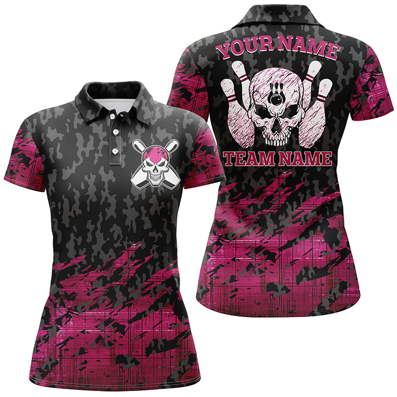 Damen-Bowling-Poloshirts, personalisierter Name und Teamname, pinkes Bowling-Skelett, Team-Bowlinghemden für Damen NQS4539