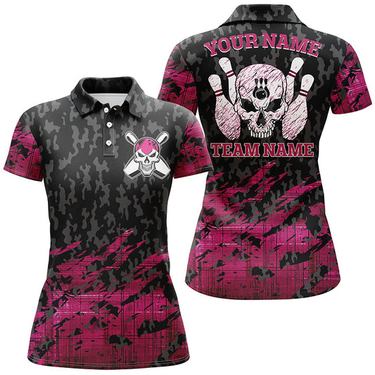 Damen-Bowling-Poloshirts, personalisierter Name und Teamname, pinkes Bowling-Skelett, Team-Bowlinghemden für Damen NQS4539