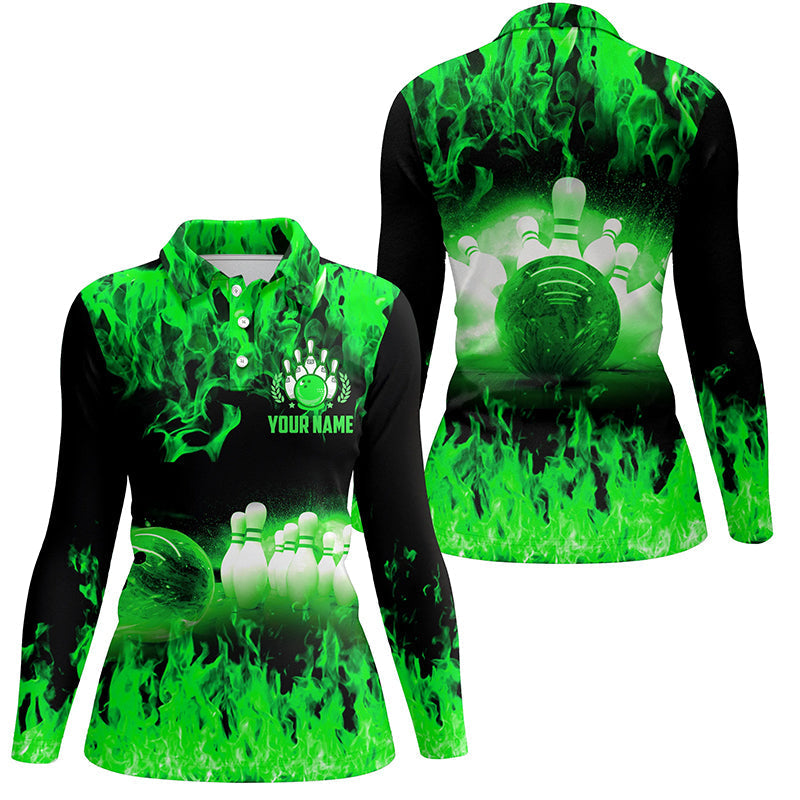 Grüne Flammen Damen-Bowling-Poloshirts – Personalisierte Team-Liga-Bowling-Shirts, Bowling-Uniformen für Damen NQS6367