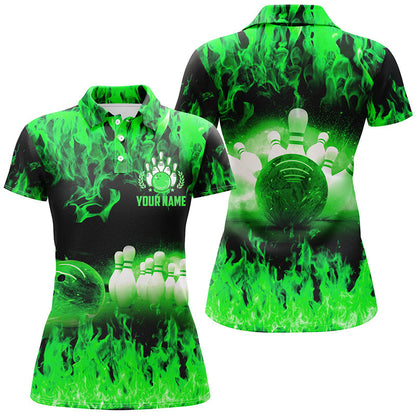 Grüne Flammen Damen-Bowling-Poloshirts – Personalisierte Team-Liga-Bowling-Shirts, Bowling-Uniformen für Damen NQS6367