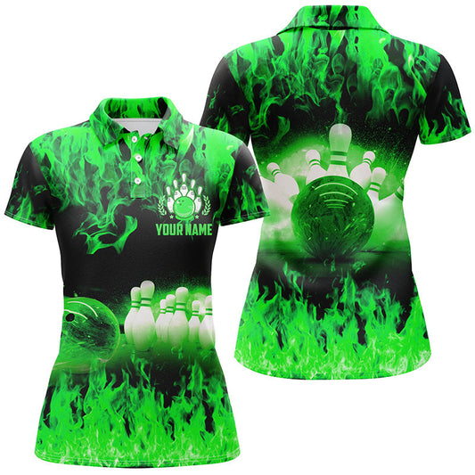 Grüne Flammen Damen-Bowling-Poloshirts – Personalisierte Team-Liga-Bowling-Shirts, Bowling-Uniformen für Damen NQS6367