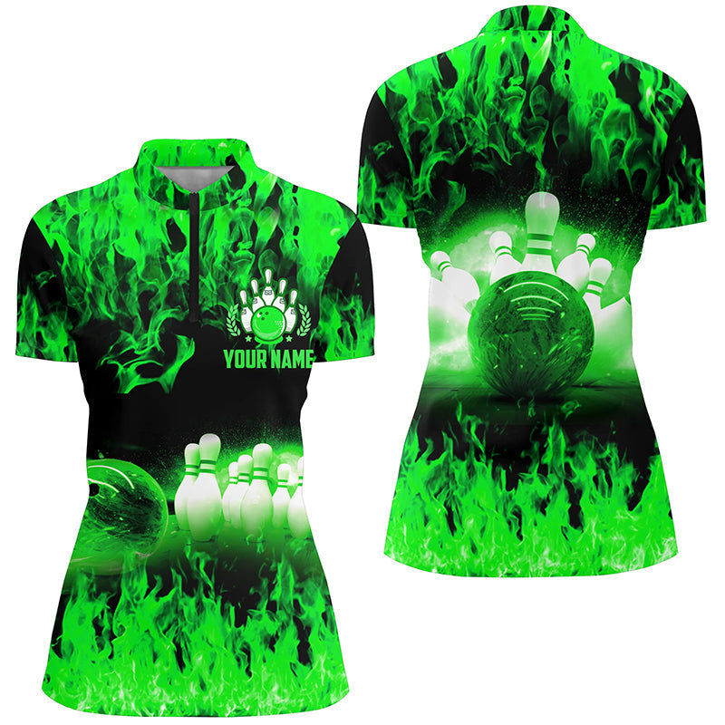 Grüne Flammen Damen-Quarter-Zip-Shirts – Personalisierte Bowling-Team-Trikots, Bowling-Team-Uniformen NQS6367