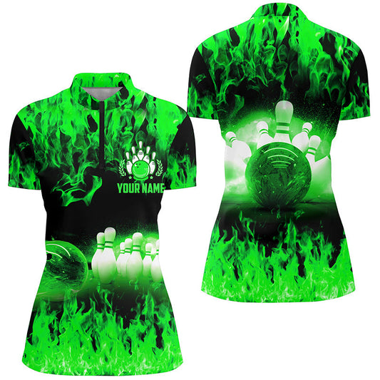 Grüne Flammen Damen-Quarter-Zip-Shirts – Personalisierte Bowling-Team-Trikots, Bowling-Team-Uniformen NQS6367