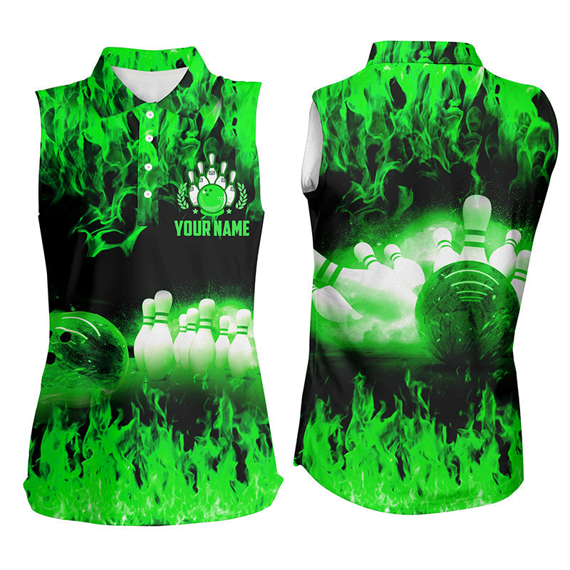 Grüne Flammen Damen-Ärmellose Bowling-Poloshirts – Personalisierte Team-Bowling-Uniformen für Damen NQS6367