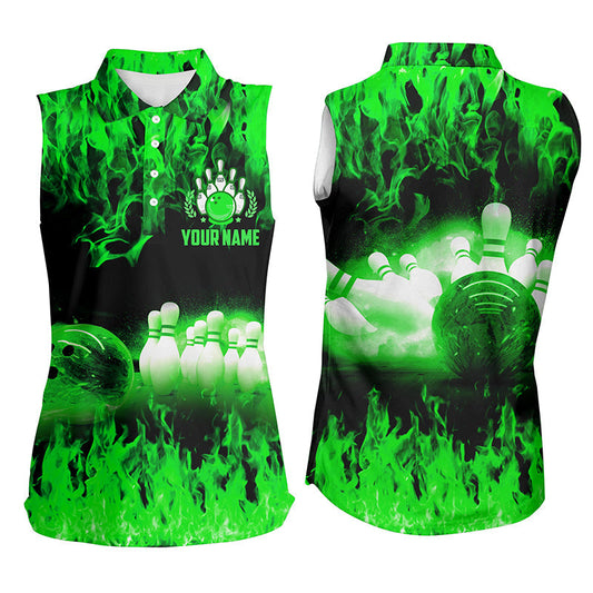 Grüne Flammen Damen-Ärmellose Bowling-Poloshirts – Personalisierte Team-Bowling-Uniformen für Damen NQS6367