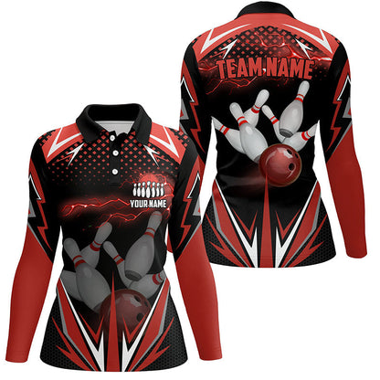 Schwarze Damen-Bowling-Poloshirts – Individuelle Rote Blitz-Team-Damen-Bowling-Trikots, Bowling-Outfits NQS6588