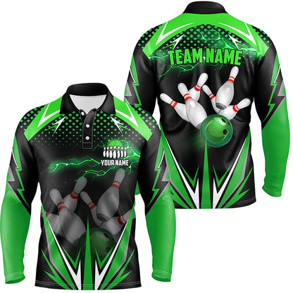 Schwarze Herren-Bowling-Poloshirts – Individuelle Grüne Blitz-Team-Herren-Bowling-Trikots, Bowling-Outfits NQS6589