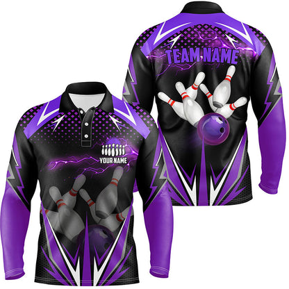 Schwarze Herren-Bowling-Poloshirts – Individuelle Lila Blitz-Team-Herren-Bowling-Trikots, Bowling-Outfits NQS6590