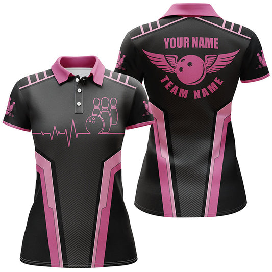 Personalisierte 3D-Bowlinghemden für Damen, maßgeschneiderte pinkfarbene Kurzarm-Polo-Bowling-Herzschlag-Hemden NQS4556