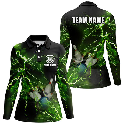 Damen-Bowling-Poloshirts – Individuelle grüne Blitz-Bowling-Team-Trikots, Geschenk für Team-Bowler NQS6146