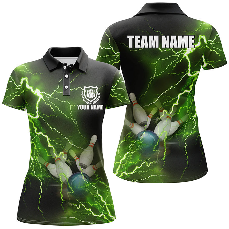 Damen-Bowling-Poloshirts – Individuelle grüne Blitz-Bowling-Team-Trikots, Geschenk für Team-Bowler NQS6146