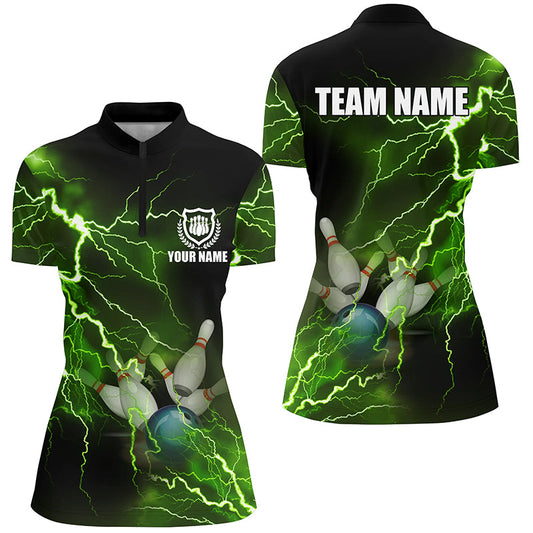 Damen-Bowling-Quarter-Zip-Shirts – Individuelle grüne Blitz-Bowling-Team-Trikots, Geschenk für Bowler NQS6146
