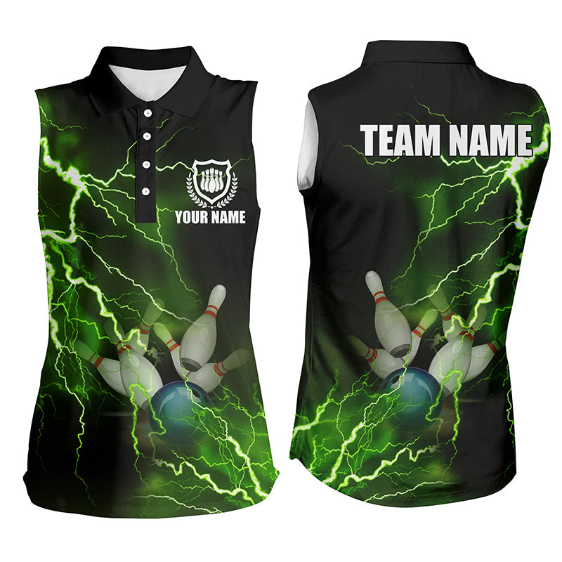 Damen-Ärmellose Bowling-Poloshirts – Individuelle grüne Blitz-Bowling-Team-Trikots NQS6146