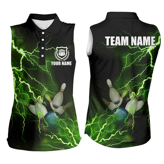 Damen-Ärmellose Bowling-Poloshirts – Individuelle grüne Blitz-Bowling-Team-Trikots NQS6146