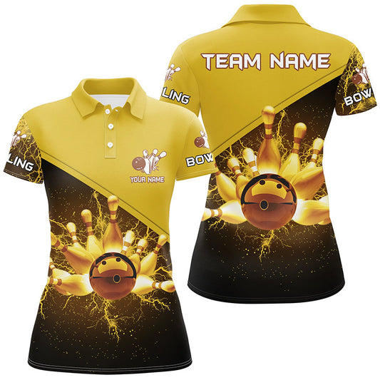 Damen-Bowling-Poloshirts – Individuelles Gold-Blitz-Bowling-Team-Trikot, Geschenk für Team-Bowler NQS6383