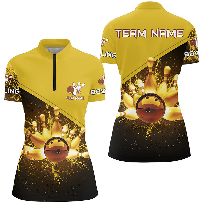 Damen-Quarter-Zip-Shirts – Individuelles Gold-Blitz-Bowling-Team-Trikot, Geschenk für Team-Bowler NQS6383