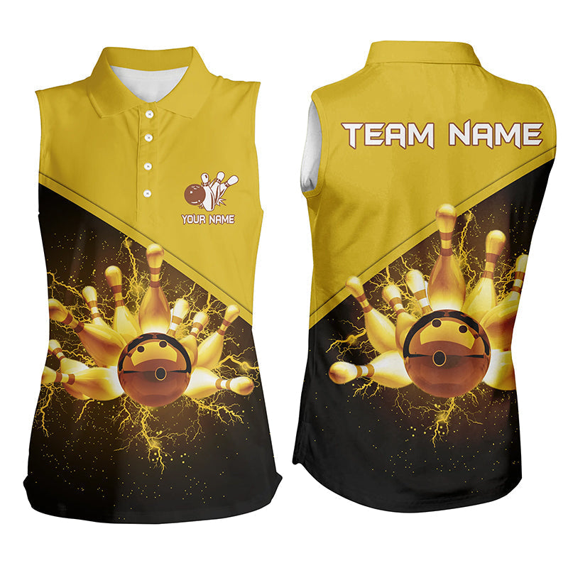 Damen-Ärmelloses Bowling-Poloshirts – Individuelles Gold-Blitz-Bowling-Team-Trikot, Geschenk für Team-Bowler NQS6383