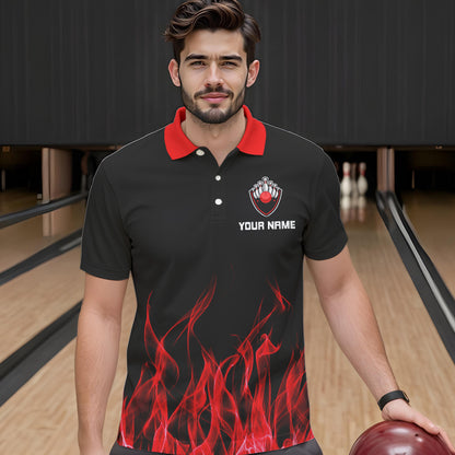 Personalisierte Bowling-Poloshirts für Herren – Rote Flammen, Bowlingkugel und Pins, Bowling-Trikots für Bowler NQS5488