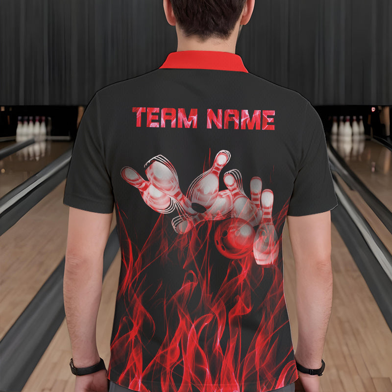 Personalisierte Bowling-Poloshirts für Herren – Rote Flammen, Bowlingkugel und Pins, Bowling-Trikots für Bowler NQS5488