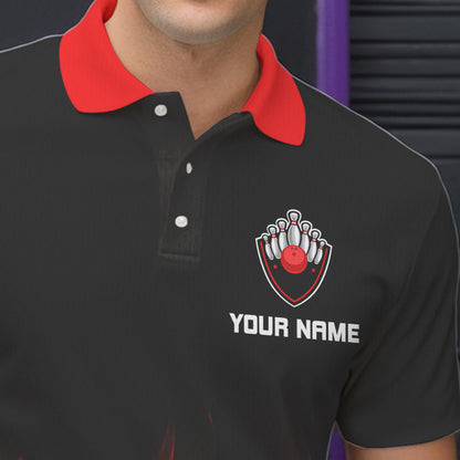 Personalisierte Bowling-Poloshirts für Herren – Rote Flammen, Bowlingkugel und Pins, Bowling-Trikots für Bowler NQS5488