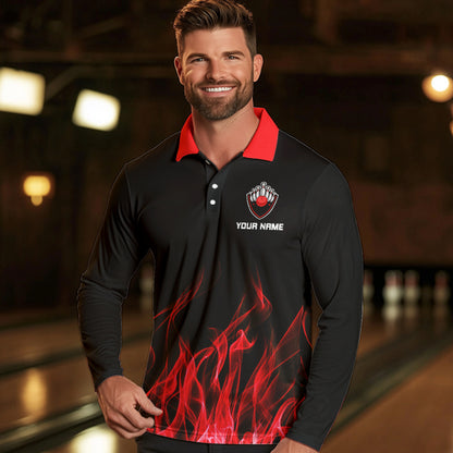 Personalisierte Bowling-Poloshirts für Herren – Rote Flammen, Bowlingkugel und Pins, Bowling-Trikots für Bowler NQS5488