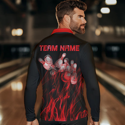 Personalisierte Bowling-Poloshirts für Herren – Rote Flammen, Bowlingkugel und Pins, Bowling-Trikots für Bowler NQS5488