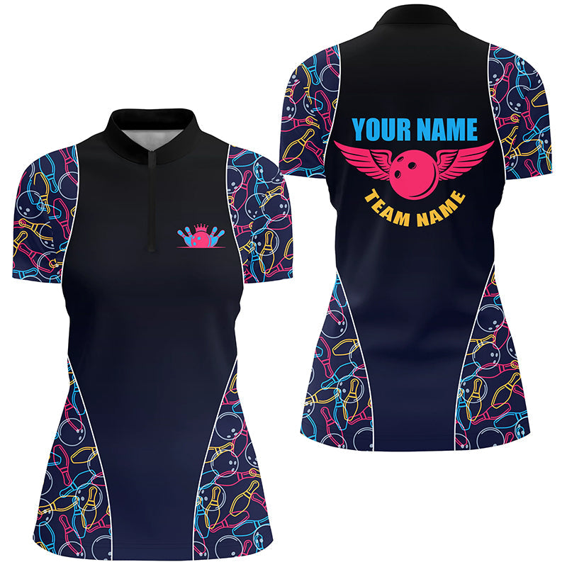 Bowling-Quarter-Zip-Shirts mit individuellem Muster für Damen – Personalisierte Bowling-Team-Trikots NQS5492
