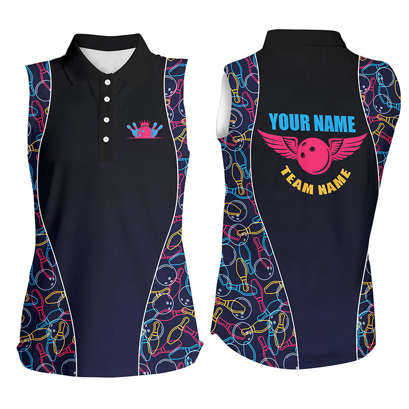 Ärmellose Bowling-Poloshirts mit individuellem Muster für Damen – Personalisierte Bowling-Team-Trikots NQS5492