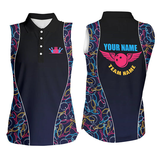 Ärmellose Bowling-Poloshirts mit individuellem Muster für Damen – Personalisierte Bowling-Team-Trikots NQS5492