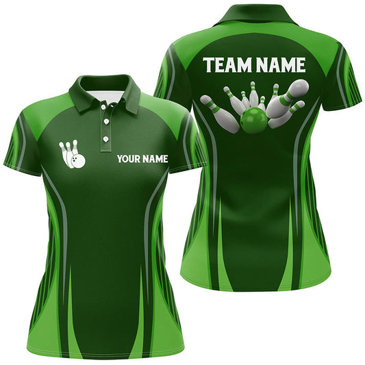 Bowling-Poloshirts für Damen – Individuelle Bowlingkugel & Pins, Grüne Vintage-Bowling-Team-Trikots NQS6392