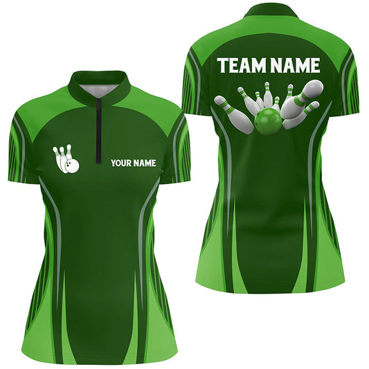 Bowling-Quarter-Zip-Shirts für Damen – Individuelle Bowlingkugel & Pins, Grüne Vintage-Bowling-Team-Trikots NQS6392
