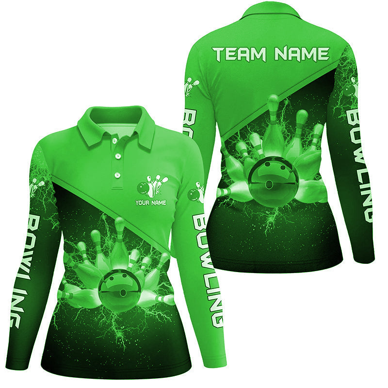 Damen-Bowling-Poloshirts – Individuelle Grüne Blitz-Donner Bowling-Team-Trikots, Geschenk für Team-Bowler NQS6621
