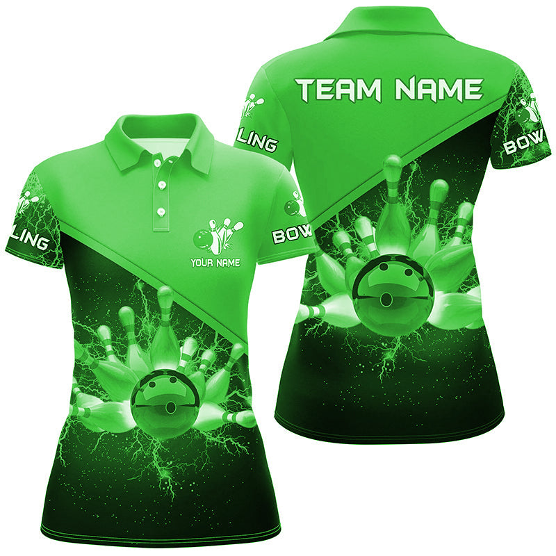 Damen-Bowling-Poloshirts – Individuelle Grüne Blitz-Donner Bowling-Team-Trikots, Geschenk für Team-Bowler NQS6621