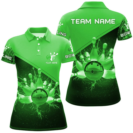 Damen-Bowling-Poloshirts – Individuelle Grüne Blitz-Donner Bowling-Team-Trikots, Geschenk für Team-Bowler NQS6621