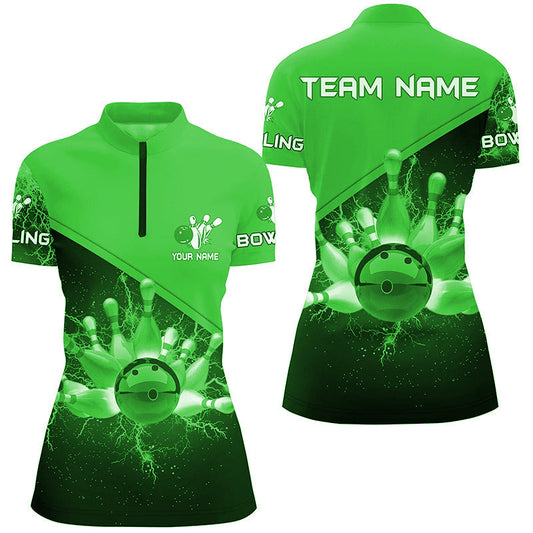 Damen-Bowling-Quarter-Zip-Shirts – Individuelle Grüne Blitz-Donner Bowling-Team-Trikots, Geschenk für Team-Bowler NQS6621