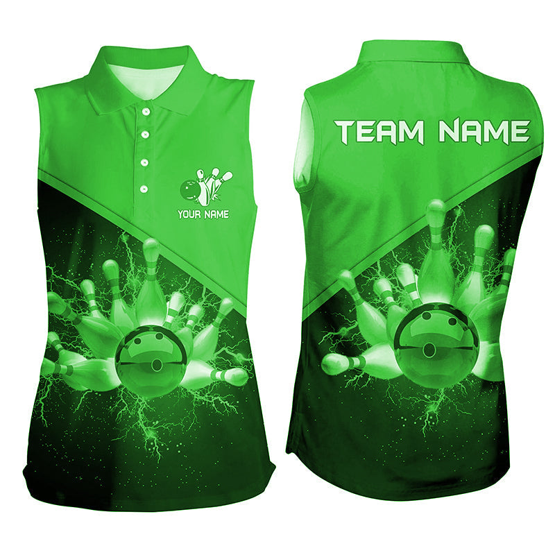 Damen-Ärmellose Bowling-Poloshirts – Individuelle Grüne Blitz-Donner Bowling-Team-Trikots, Geschenk für Team-Bowler NQS6621