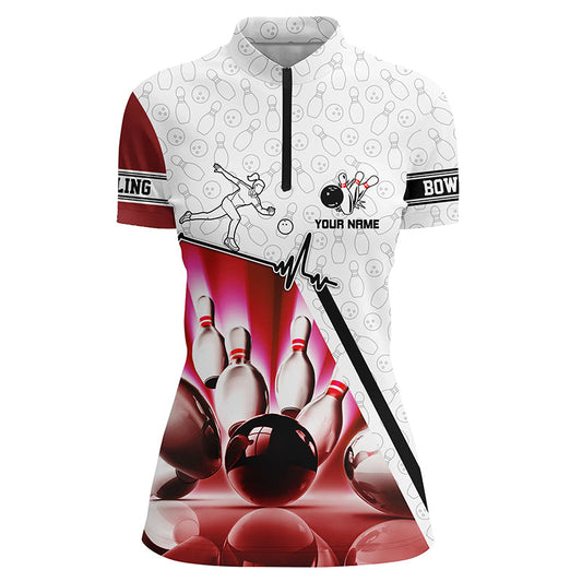 Personalisierte Tarn-Bowling-Quarter-Zip-Shirts für Damen – Bowlingkugel und Pins, Individuelles Team-Shirt | Pink NQS5970