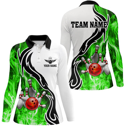 Damen-Bowling-Poloshirt – Individuelle Bowlingkugel & Pins, „Strike“-Team-Liga-Trikot, Bowling-Geschenke | Grün NQS6405